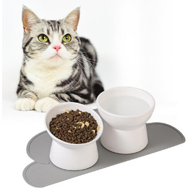 Набір мисок для котів з підняттям, кераміка, 3 шт. з антиковзною підкладкою, великі миски для їжі та води, білий