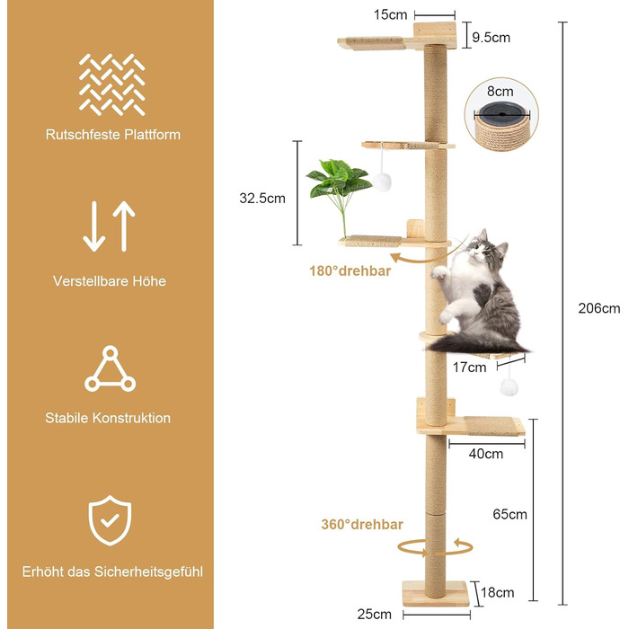 Кігтеточка для котів Youyijia 206 см з натурального каучукового дерева, 5 ярусів, настінна, з розширеною основою, плюшевими кульками, 360° обертання, XXL кігтеточка для котів