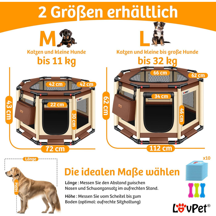Манеж для цуценят і котів LOVPET®, складаний, для дому та вулиці, тканина Оксфорд, каркас PVC, з сумкою, 3 кісточки, 10 пелюшок, 112x112x62 см, бежевий