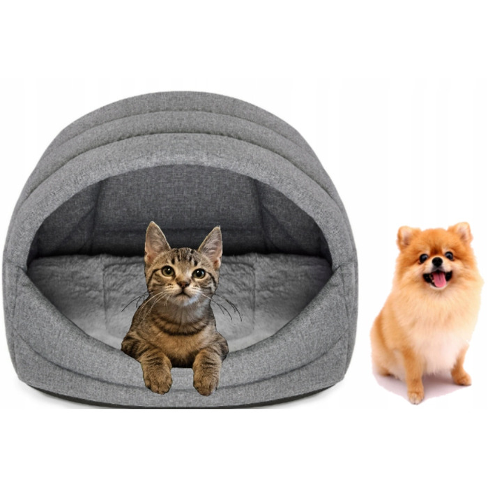 Лежак-будиночок для собак та котів, розмір L, колір бежевий + хутряна підстилка