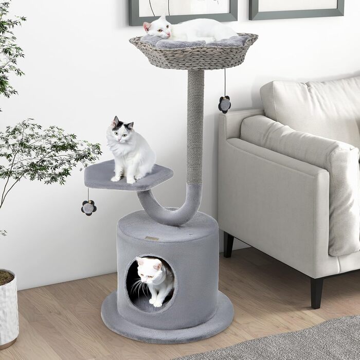Дерев'яний кігтеточки для котів Costway 106 см з будиночком та лежанками, 2 м'ячики, сірий