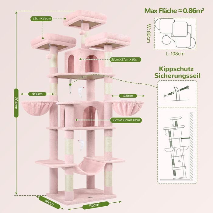 Розкішна когтеточка Globlazer XXL для великих і кількох котів, 204 см, з будиночками, гамаками та м'якими сидіннями (рожева)