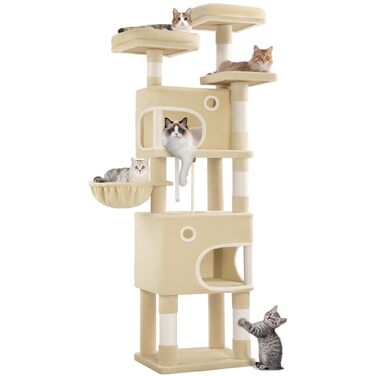 Драбина-кіготь для котів Hzuaneri MS15918YL, 159 см, бежева, з 8 стовпчиків, 3 платформ та 2 хованок