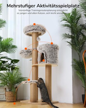 Когтеточка FUKUMARU для котів, 155 см, з 6 товстими стовпами з джуту 20 см, багаторівневий котячий будиночок із плюшем, знімний, із натуральних матеріалів