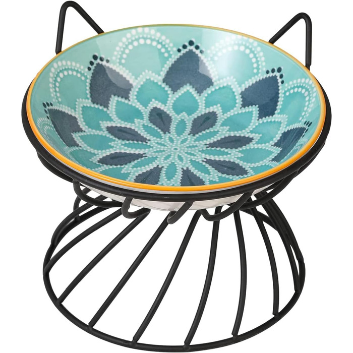 Підвищений годівниця для котів, кераміка, з металевим антиковзним підставкою - годівниця для котів, порцеляна, антиблювотний, набір - 250 мл (Блакитний)