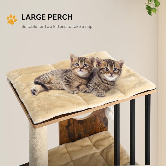 Дерев'яний кігтеточка YITAHOME 90 см з 3 рівнями для великих котів, кігтеточний комплекс з подушками, іграшками (пір'їнка, помпон), у кольорі 