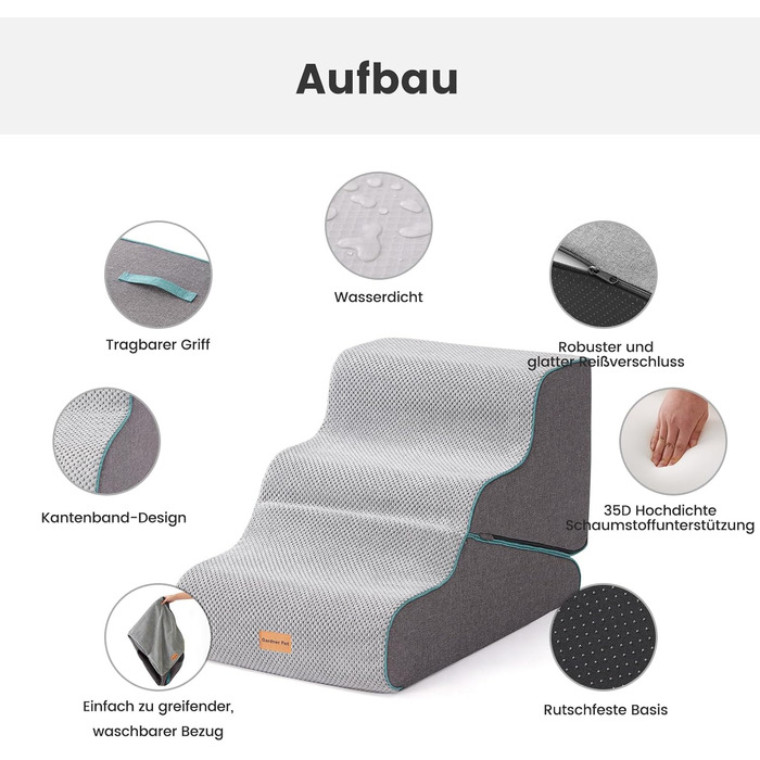 Східці для собак Garder Pet - 35/42 см, 3 сходинки, з високощільної піни, з водонепроникним антиковзким покриттям для ліжка, дивану, софи, сірі