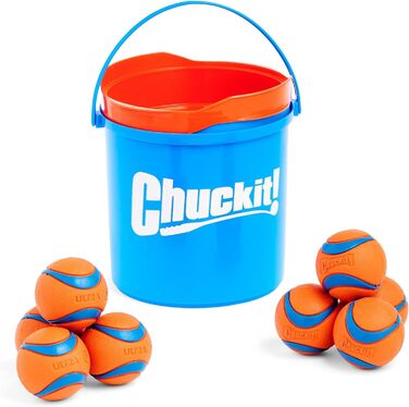 Chuckit! Ultra Ball набір іграшкових м'ячів для собак, міцна гумова іграшка з відром, високий відскок, плаваючий, сумісний з пусковим пристроєм, 8 шт.