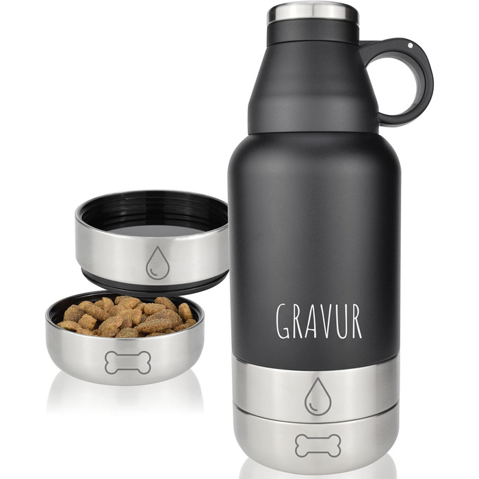 Водяна пляшка для собак Milu 950мл з мискою для їжі - ізольована фляга з нержавіючої сталі, чорна (+гравіювання)