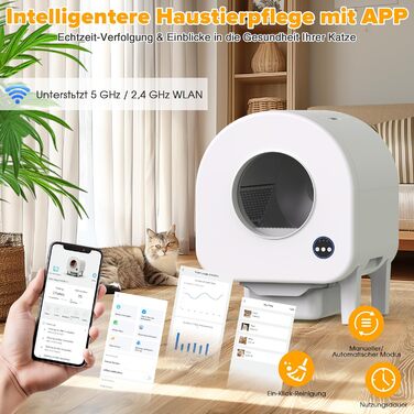 Автоматичний лоток для котів з камерою, 90л, самоочисний, для кількох котів, без запаху, з датчиками, керування через додаток, захист від защемлення