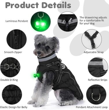 Зимовий одяг для собак: тепла куртка з LED-краваткою, світловідбиваючі смуги, водонепроникний, для маленьких та середніх собак (Чорний, XXL)
