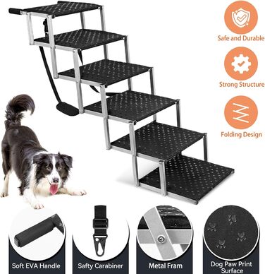 Сходинка для собак у автомобіль - широка, складна, з антиковзким покриттям, для авто, SUV, вантажівок, підтримує до 113 кг (6 сходинок, срібна)