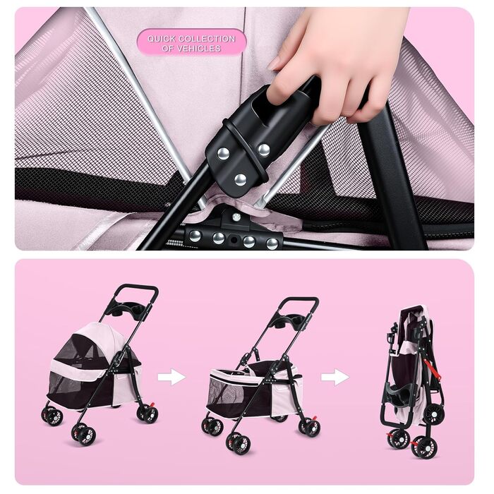 Дитяча коляска для домашніх тварин на 4 колесах для собак та котів, складана, з тримачем для напоїв, дихаючим сітковим вікном, портативна переноска для тварин (Рожева)