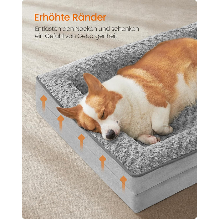 Ортопедичне ліжко для собак Feandrea, середнього розміру, водонепроникне, знімний плюшевий чохол, 91 x 68 x 16 см, сірий (PGW252G01 L)