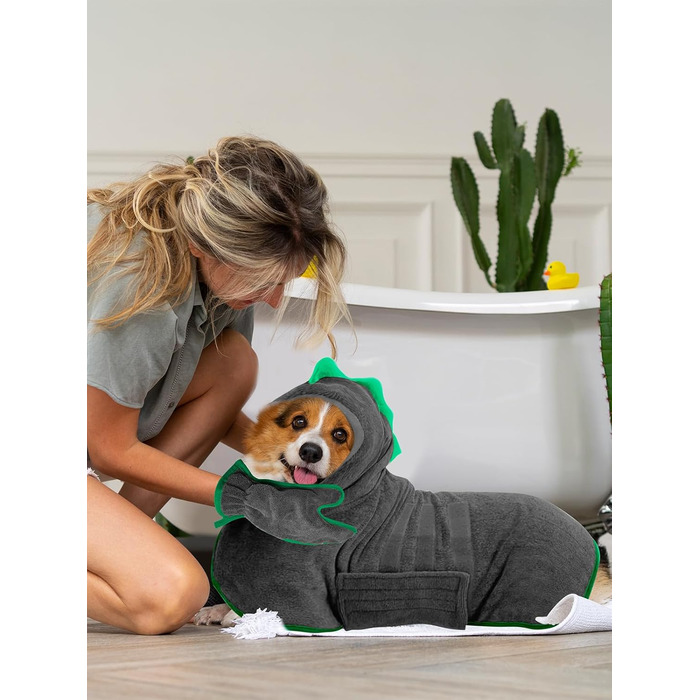 Рушник для собак з мікрофібри, халат для собак, швидковисихаючий, з регульованим коміром на липучці, для великих, середніх та маленьких собак/котів (Сірий зелений, M)