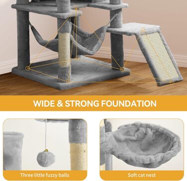 Кігтеточка YITAHOME 190 см, багатоярусна, з сизалю, з пандусом, плюшеві стійки, гамак, просторі будиночки, центр активності для кошенят (сірий)