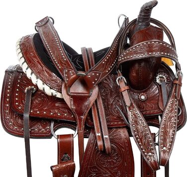 Вестерн-сідло Barrel Racer з тисненням для шоу, прогулянок і трейл-райдингу, шкіра, розмір для коня і поні, сидіння 25,4-45,7 см