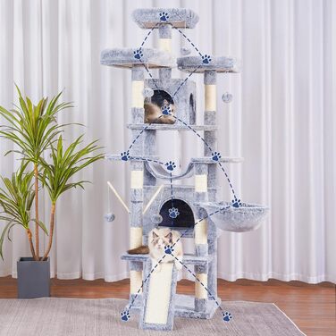 Hey-brother XL Котячий будинок-дерево 180 см для кімнатних котів, багаторівнева когтеточка з 3 м'якими лежаками, великим дряпаком, кошиком, 2 будиночками та стовпами для дряпання, колір цинк