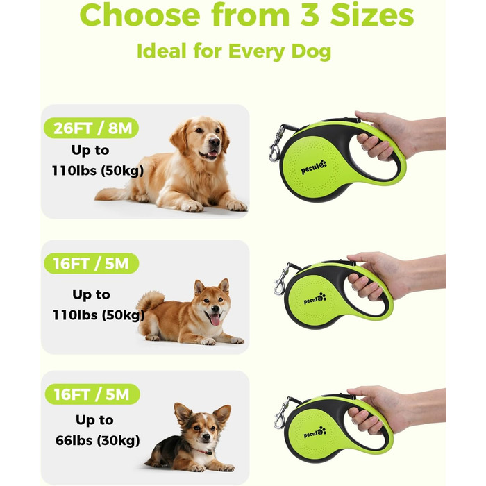 Рулетка для собак Pecute 8м з LED-підсвічуванням, 360° без перекручування, для собак до 50 кг