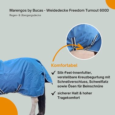 Водонепроникна попона для коней Marengos by Bucas Freedom Turnout 600D з підкладкою та перехресними ременями, Navy/Beige, 135 см (наповнювач 150 г/м²)