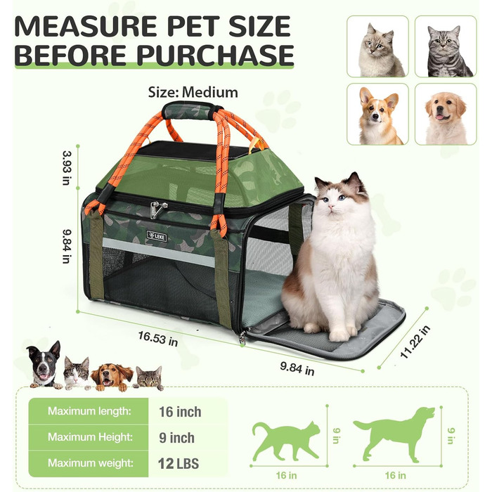 Трансформована переноска для котів та собак до 6,8 кг, Lekereise: TSA-сертифікована, з м'якими боковинами та поворотним кріслом, з міцним сіткою, для подорожей