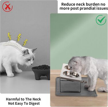 Підвищений годівниця для котів з килимком, нахилений під кутом 15°, годівниця проти блювоти для корму та води, 2 шт. з нержавіючої сталі для котів та цуценят (сірий), 2 миски сірого кольору