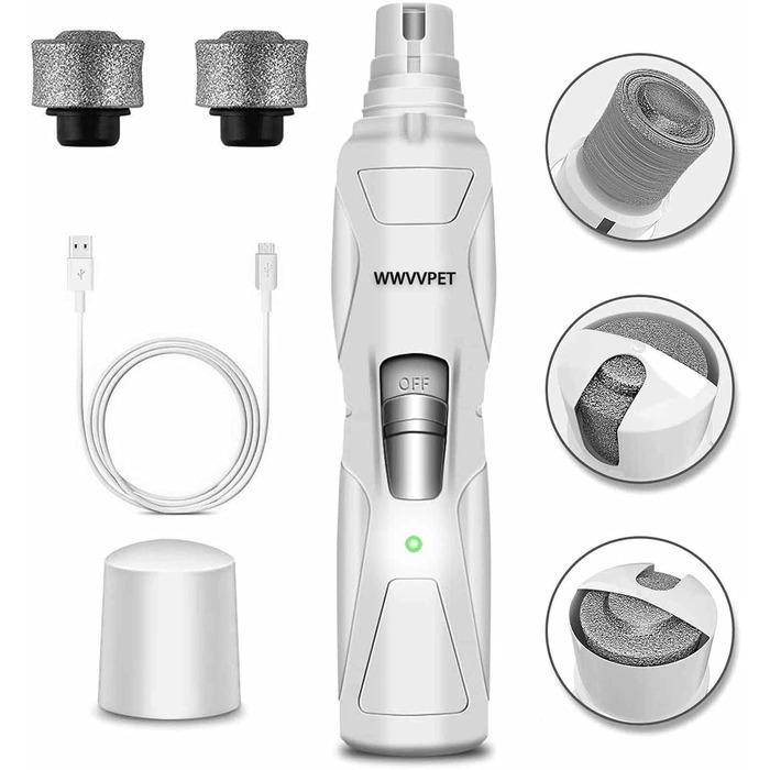 Електричний точило для кігтів собак та котів з LED-підсвічуванням та 2 колесами, безшумний точило для кігтів, білий