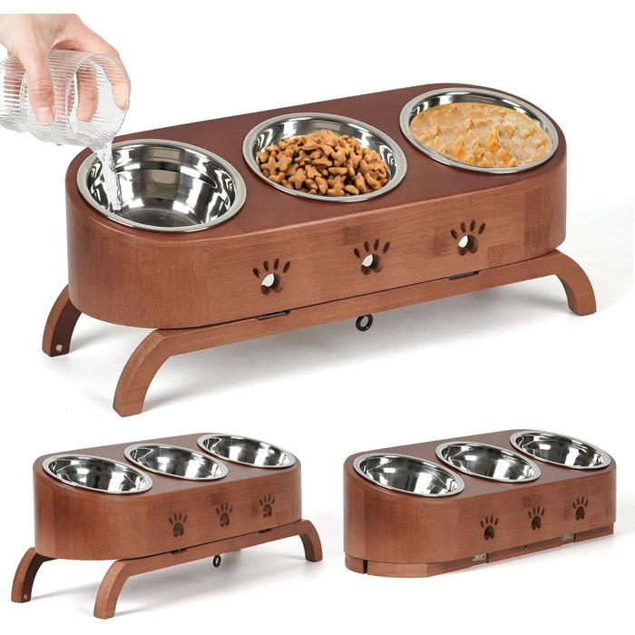 Набір мисок для котів JAZUIHA (3 шт.) з підняттям, ергономічні, 15° нахил, регульована висота, дерев'яний підставник, нержавіюча сталь Ø12 см, темно-коричневий