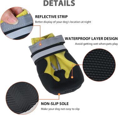 Жовті чоботи для собак REESTBOO, XXL, 4 шт. Водонепроникний захист лап, антиковзаючі, з світловідбиваючим ремінцем, на липучці. Підходять для великих собак, снігу та дощу.