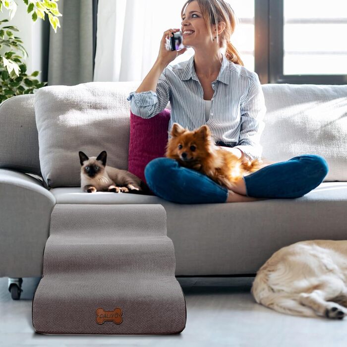 Сходинки для собак Caliyo, 2 сходинки, для маленьких собак та котів, 26 см, знімний чохол, неслизька підставка, для ліжка, дивану, авто (55×40×26см), сірий колір