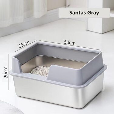 Кунву Лоток для котів з нержавіючої сталі, 50,8 x 35,6 x 20,3 см, з кришкою, легко чиститься, не вбирає запахи, напівзакритий лоток з міткою (Сірий Сантас, 50,8 x 35,6 x 20,3 см)