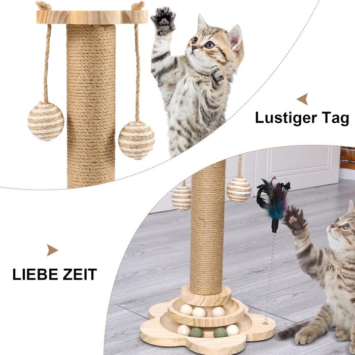 Котячий когтетоп Newofview: когтетоп-стійка 40 см з іграшками, м'ячиком, обертовим диском, пір'ям та мотузкою з сизалю