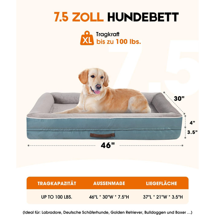 Ортопедичне ліжко для собак XL, корзина для собак, що можна прати, з яєцеподібною піною, водонепроникний диван для собак з неслизьким дном та чотиристоронньою подушкою (117x76x19 см, блакитний)