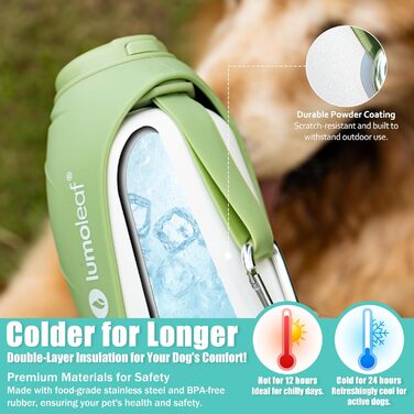 LumoLeaf Ізольована термофляга для собак, 800 мл - Зберігає воду холодною або теплою годинами, міцна та портативна для подорожей, широке горлечко для зручного наповнення та миття (Зелена, 800 мл)