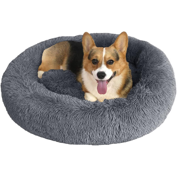 Кругле лежанка-донатик для собак великих та середніх порід, 70 см, сірий колір, плюш, анти-стрес, м'яка, пухнаста, для собак та цуценят
