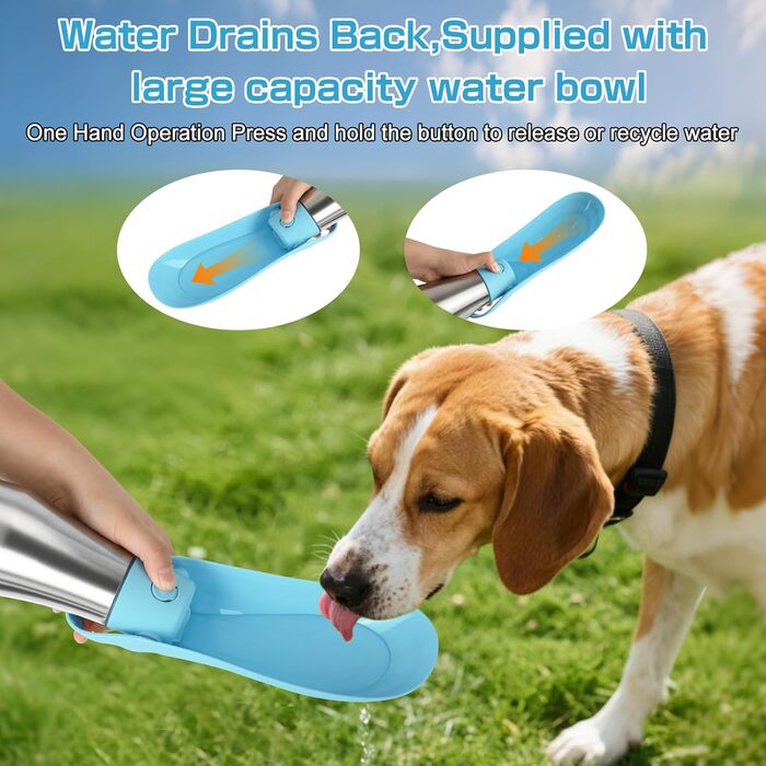 Водяна пляшка для собак на прогулянці - витокозахисна, з нержавіючої сталі, подвійні стінки, вакуумна ізоляція, 750 мл (Блакитна)