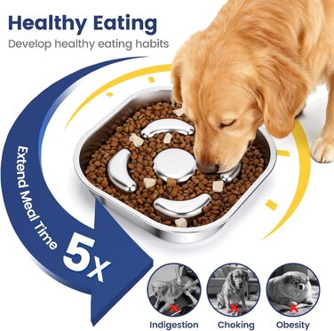 PETTOM Миска для собак протиковтання, нержавіюча сталь, Ø21 см, велика, повільне годування (23*23*4,5 см)