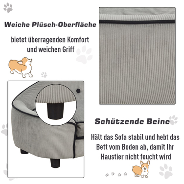 PawHut Dog Sofa Затишна лежанка для собаки з натурального дерева та плюшу для маленьких собак та кішок 66,5 х 45 х 35,5 см сірий