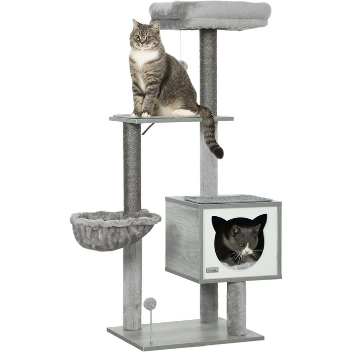 Дерев'яний комплекс для котів PawHut з гамаком, корзиною та подушками, 126 см, сіра колірна гама