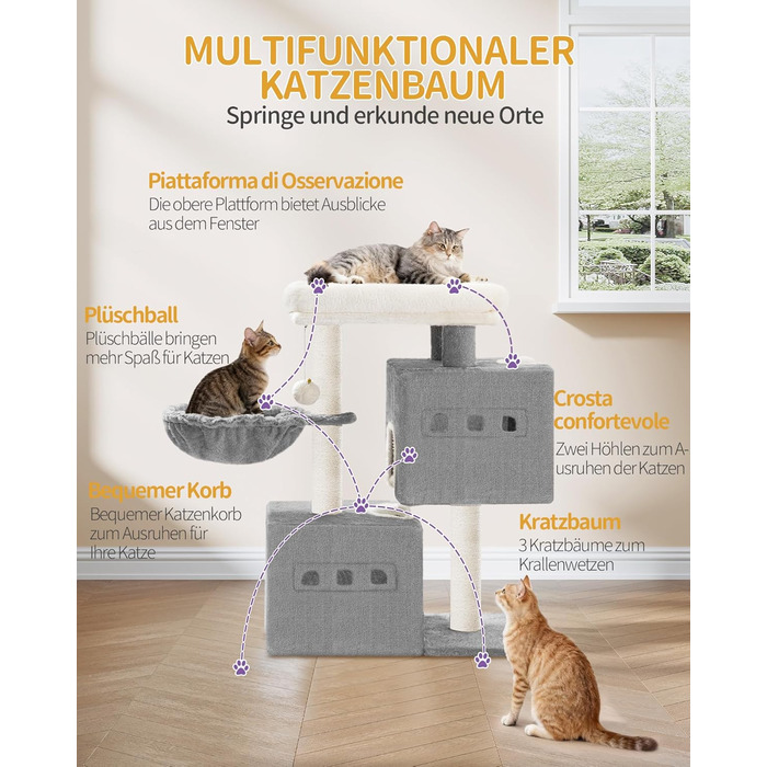 Дерево для кігтів Hzuaneri Kratzbaum 75 см, кігтеточка для котів з лежаком, будиночком, сизалевими стовпчиками та іграшками, сірий колір, MS07618LG