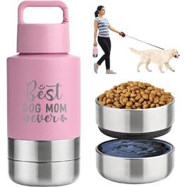 KEWIXY Водяна пляшка для собак з мисками, 3-в-1, для прогулянок, подорожей, кемпінгу, Outdoor (Рожевий, 907.2 мл)