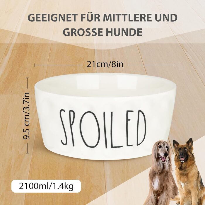 Миска для собак Autumnlife з кераміки, піднята, 2,2L, для середніх та великих собак, миска для їжі та води, сумісна з мікрохвильовою піччю, білий колір