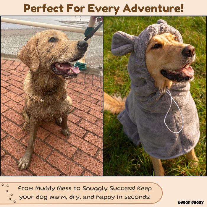 SOGGYDOGGY® Розкішний мікрофібровий халат для собак із капюшоном, швидковисихаючий, надзвичайно вбираючий, товстий і м'який рушник для купання, грумінгу та подорожей