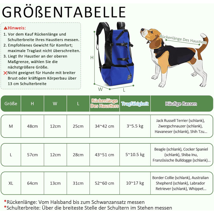 ASOPETS Рюкзак-переноска для собак середніх розмірів, блакитний, XL - для прогулянок, походів, кемпінгу та подорожей