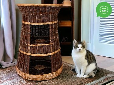 Корзина для котів, лежанка-будка, 43x49x70 см, з вербового пруття, трирівневе ліжко для собак та котів, знімні подушки кремового кольору, лакована корзина (без подушок)