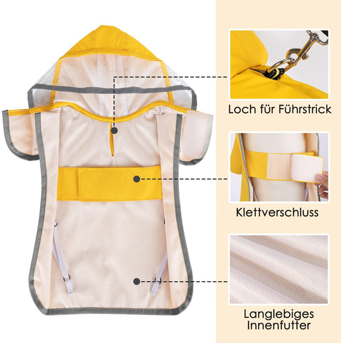 Водонепроникний дощовик для собак Eyein, жовтий, XS - теплий, з капюшоном та світловідбиваючими смугами