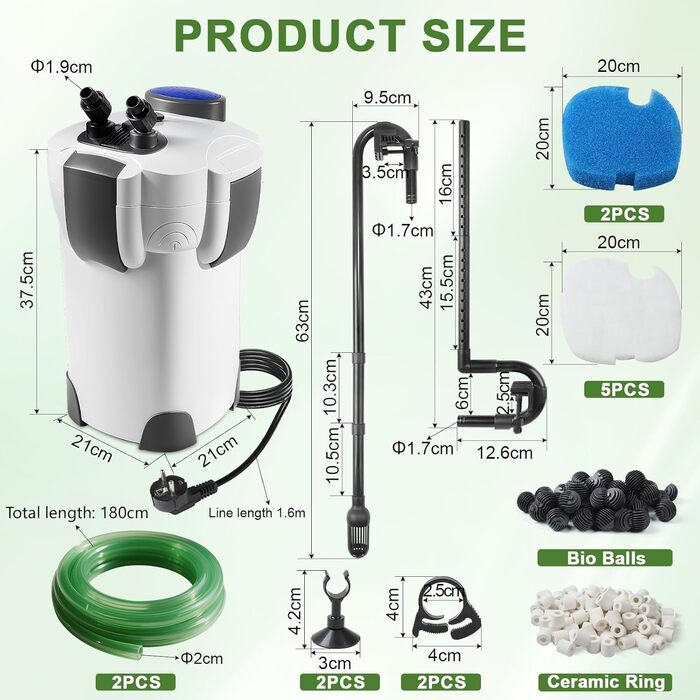 EXLECO Зовнішній фільтр для акваріума з УФ-лампою 1400л/год, 35W. Фільтр для акваріумів до 300л, регульований. Потужний каністровий фільтр з 3 ступенями очищення, фільтр-камера з фільтрувальним матеріалом, шланг HW-302B (1400л/год/2.0м/35W)