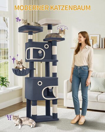 Драбина-кіготь для котів Hzuaneri, 159 см, з 8 кігтеточок, 3 платформ, 2 будиночків, кошиком, плюшевими кульками, мотузкою з сизалю, підходить для котів різних розмірів, MS15918LG (XL, темно-сірий)