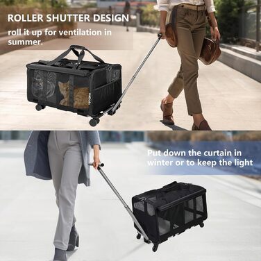 Рол-сумка для тварин з двома відділеннями, велика сумка-переноска для котів на колесах, чорна переноска для тварин до 15,9 кг, з супер вентиляцією та знімними колесами для 2 тварин