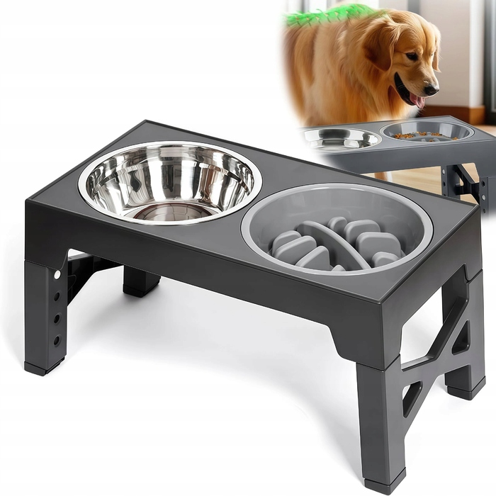 Подвійна металева миска для собак на регульованій підставці 2в1 (захист від розбризкування)